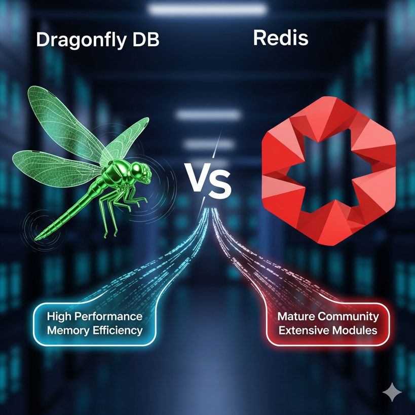 Comparativa visual de las arquitecturas de Dragonfly DB y Redis, destacando su rendimiento y escalabilidad como datastores en memoria de alto rendimiento.